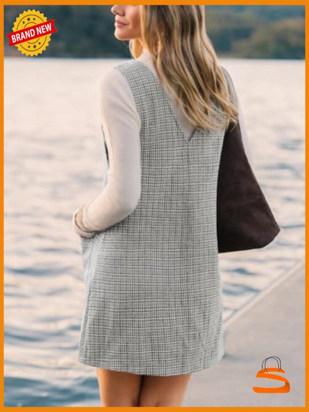 Houndstooth Pinafore Mini Dress Sleeveless Pockets Casual Overall - Picture 2 of 5